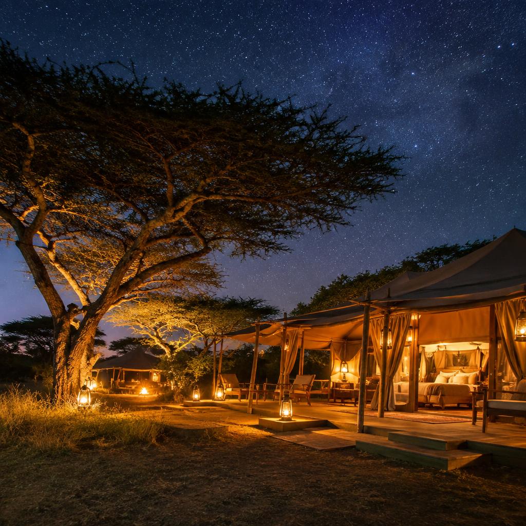 A tented safari camp glowing with lanterns under a starry sky