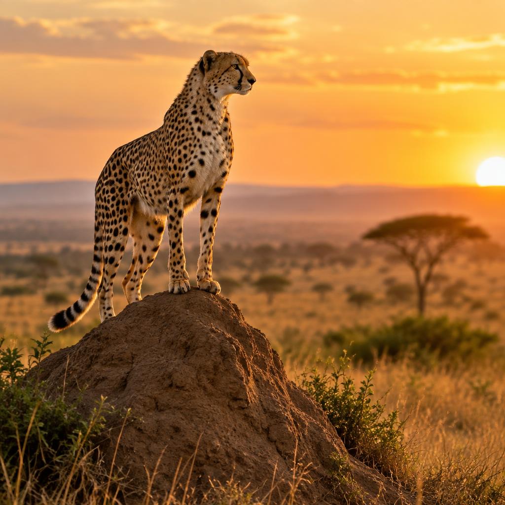 A cheetah scanning the savanna from a termite mound at golden hour