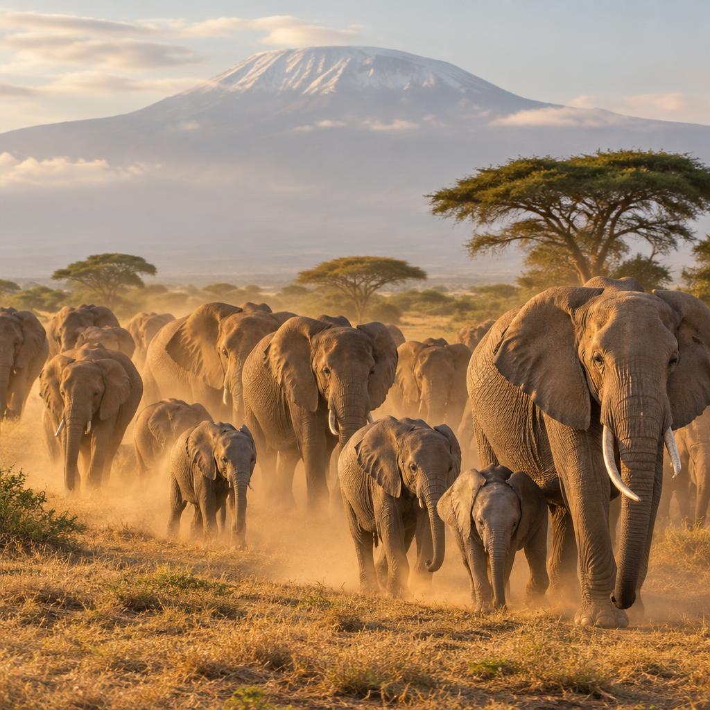 An elephant herd kicking up dust beneath Mount Kilimanjaro