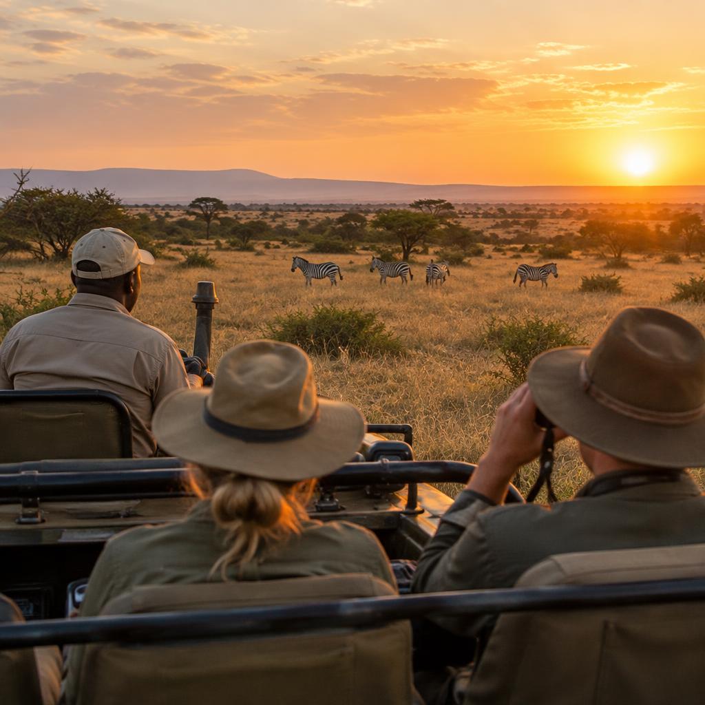 Guests in an open safari vehicle watching zebras at sunrise