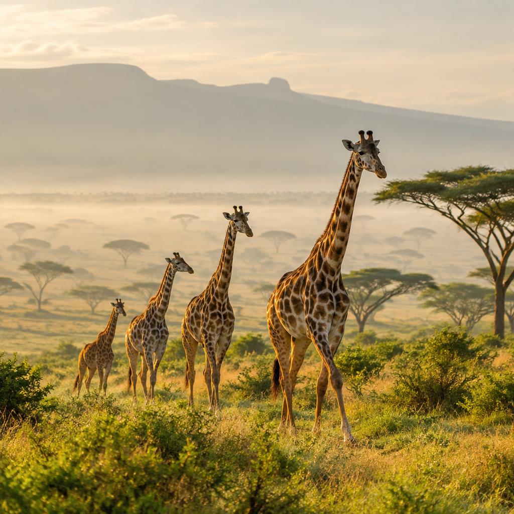 Giraffes walking across acacia-dotted plains in morning haze