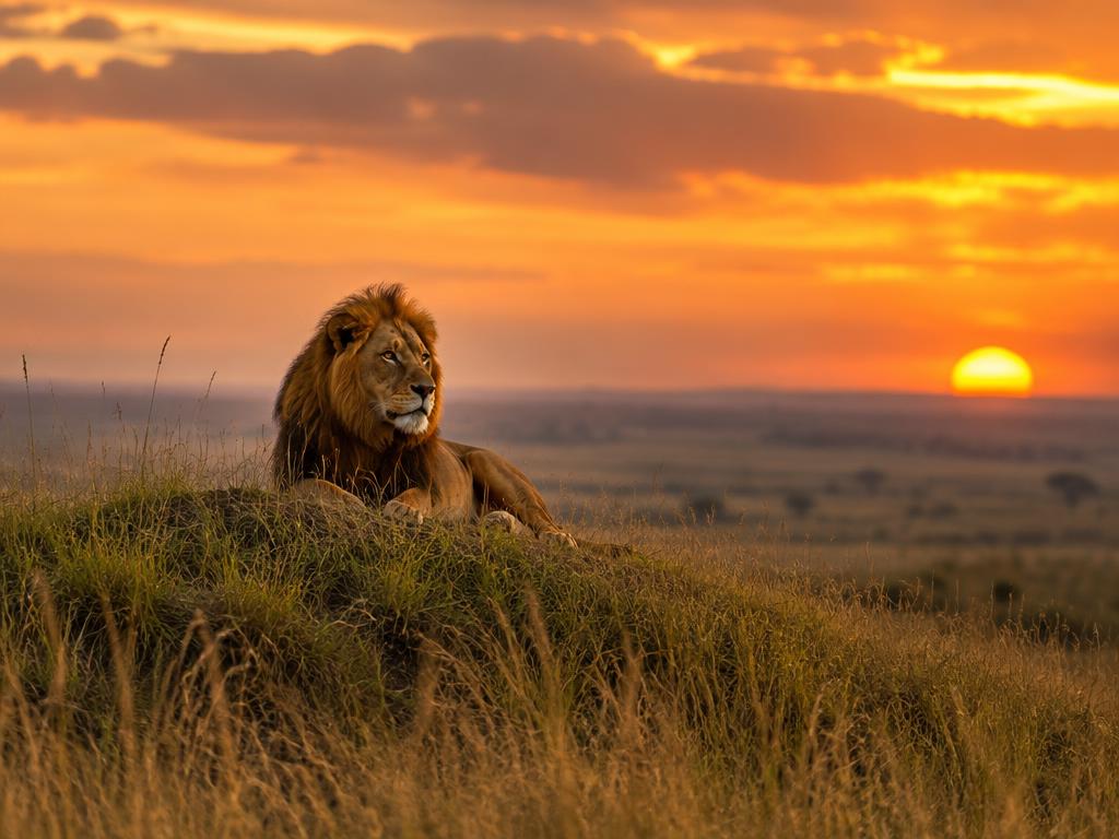 A lion resting on a grassy ridge in the Maasai Mara at sunset