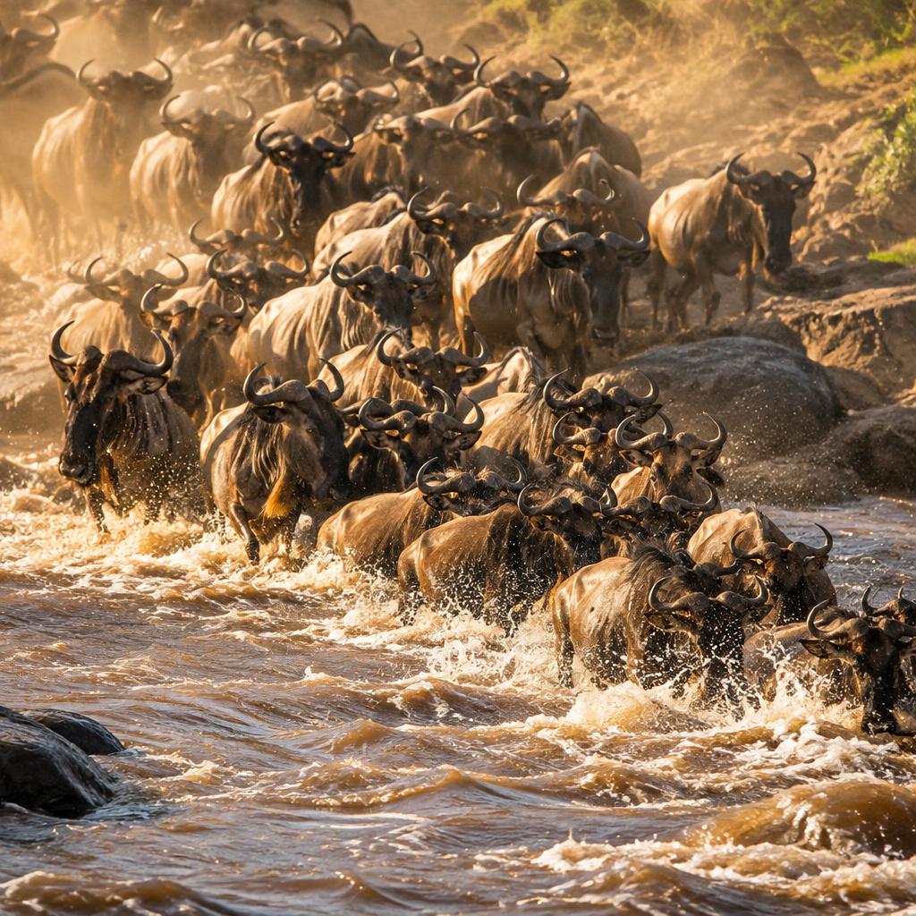 Wildebeest crowding a Mara river crossing during the Great Migration